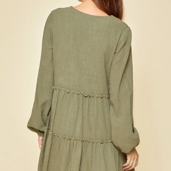 Women's Olive Mini Tiered Long Sleeve Dress - Picture 5 of 5